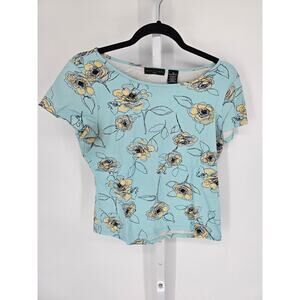 Y2K Apostrophe Women's Blue Floral Boat-Neck Short Sleeve Blouse Size PM